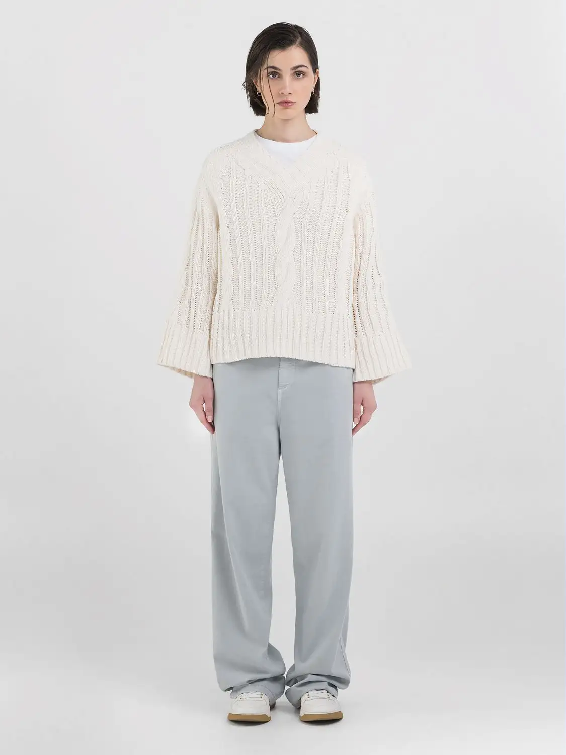 Replay Cropped Sweater With Cable-Knit Design Butter White
