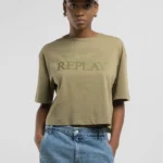 Replay Cropped T-Shirt With Embossed Logo Military