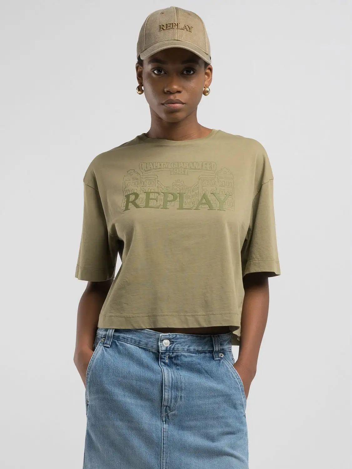 Replay Cropped T-Shirt With Embossed Logo Military