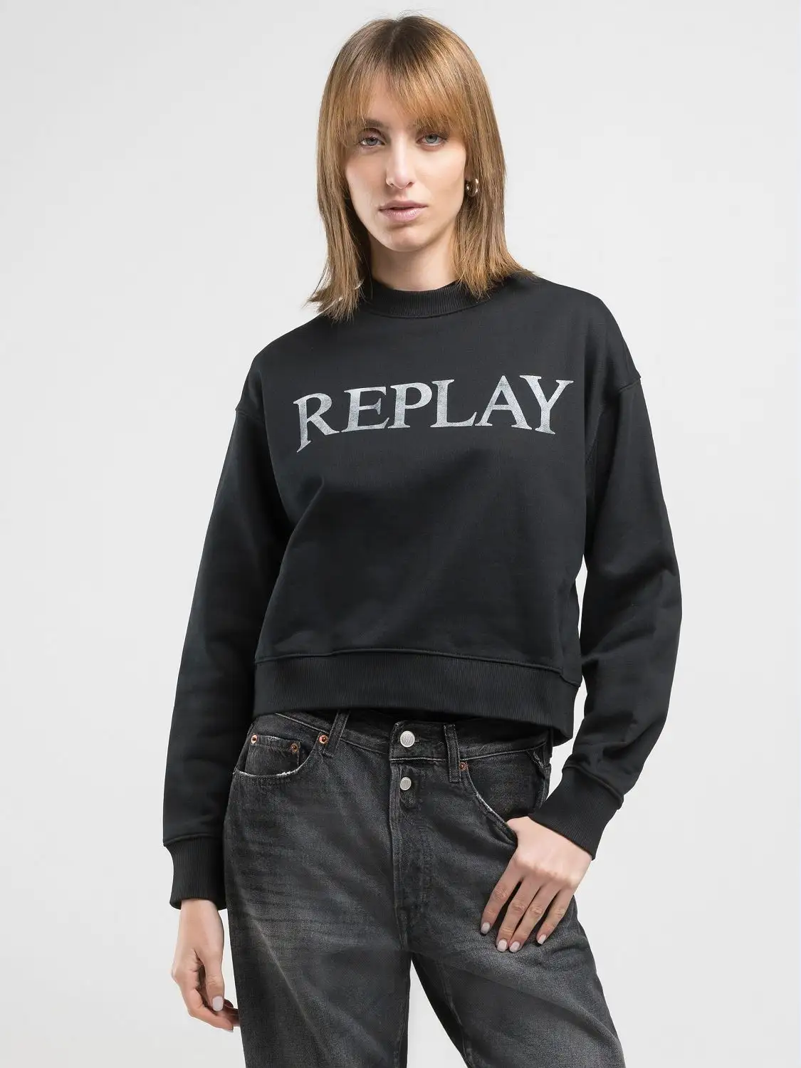 Replay Cropped Sweatshirt With Lettering Black