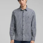 Replay Distressed Striped Oxford Cotton Shirt Dark Blue/Cream White