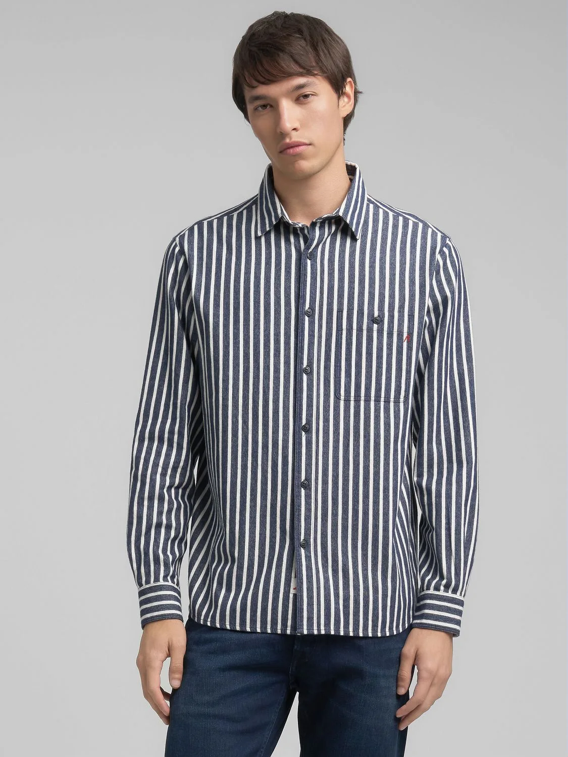 Replay Distressed Striped Oxford Cotton Shirt Dark Blue/Cream White