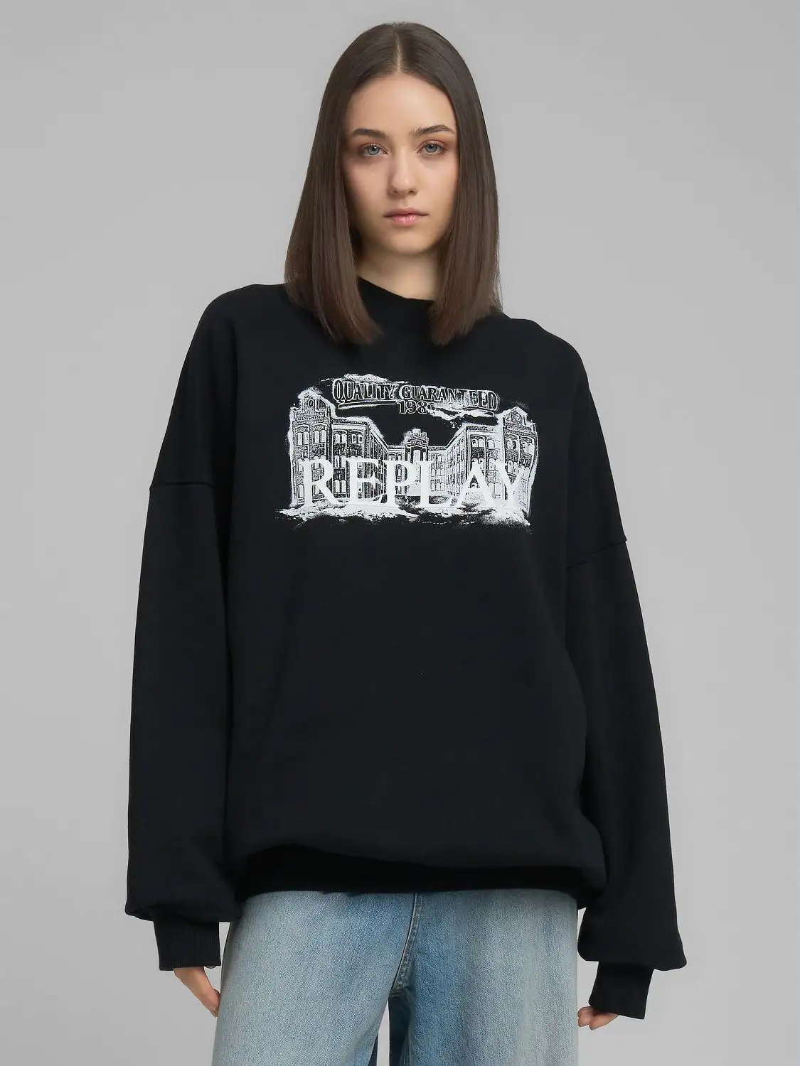 Replay Oversized Long Sweatshirt With Heritage Print Black
