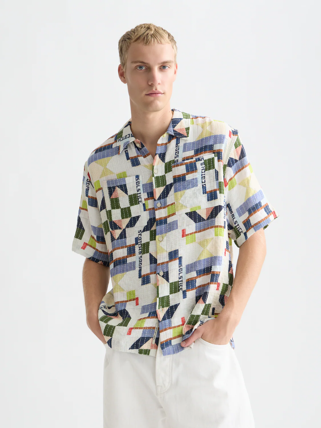Scotch&Soda Printed Stitched Relaxed-Fit Short-Sleeve Shirt Patchwork Jacquard