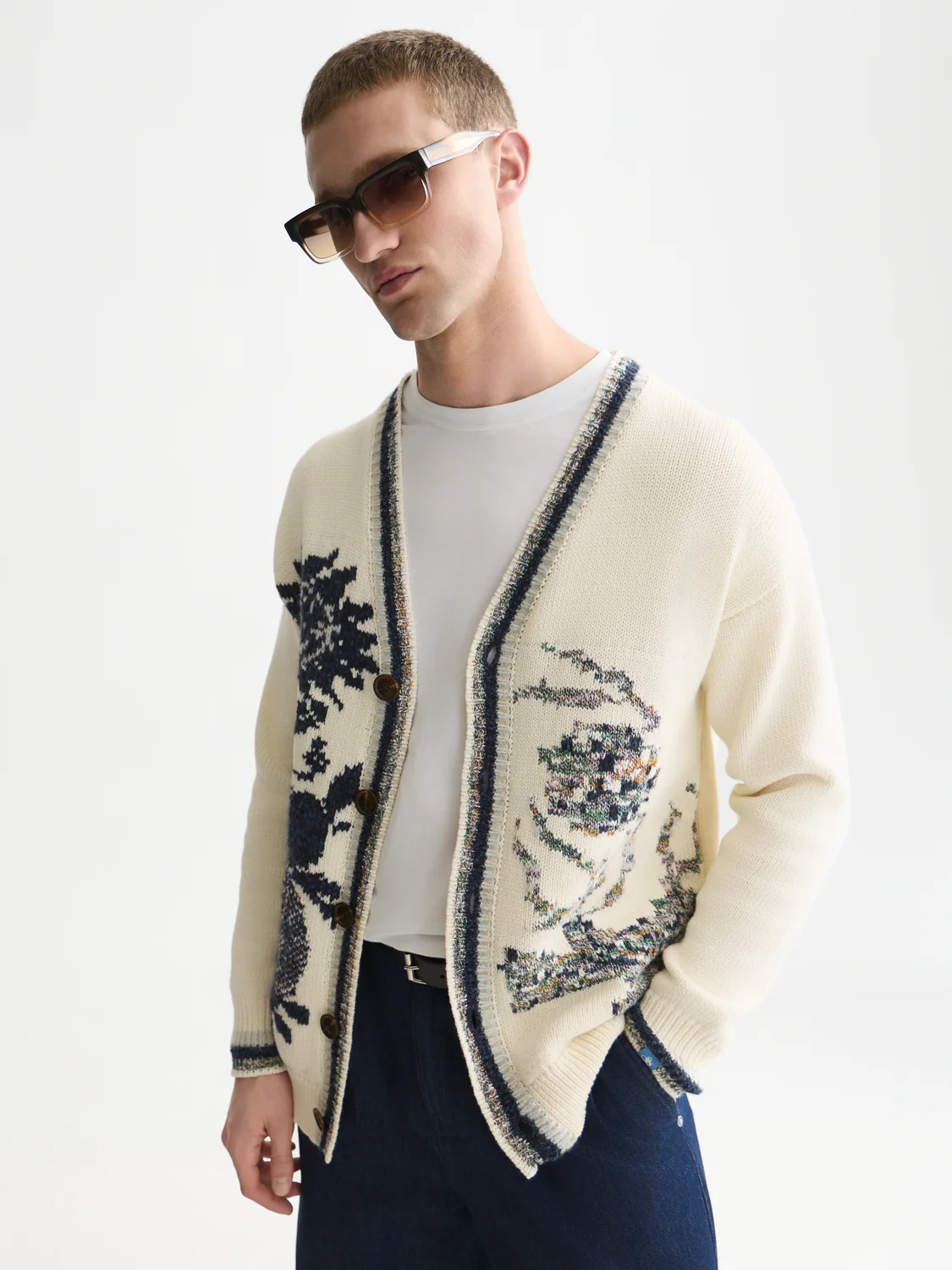 Scotch&Soda Intarsia Cotton-Blend Dropped Shoulder Cardigan Eggnog
