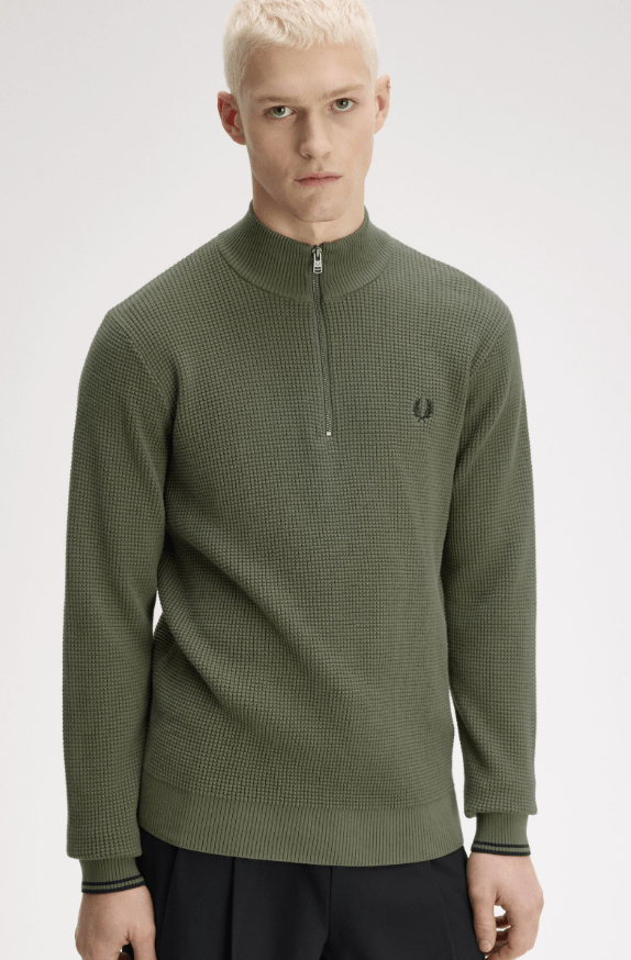 Fred Perry Waffle Stitch Half Zip Jumper Lrl Wrth Green